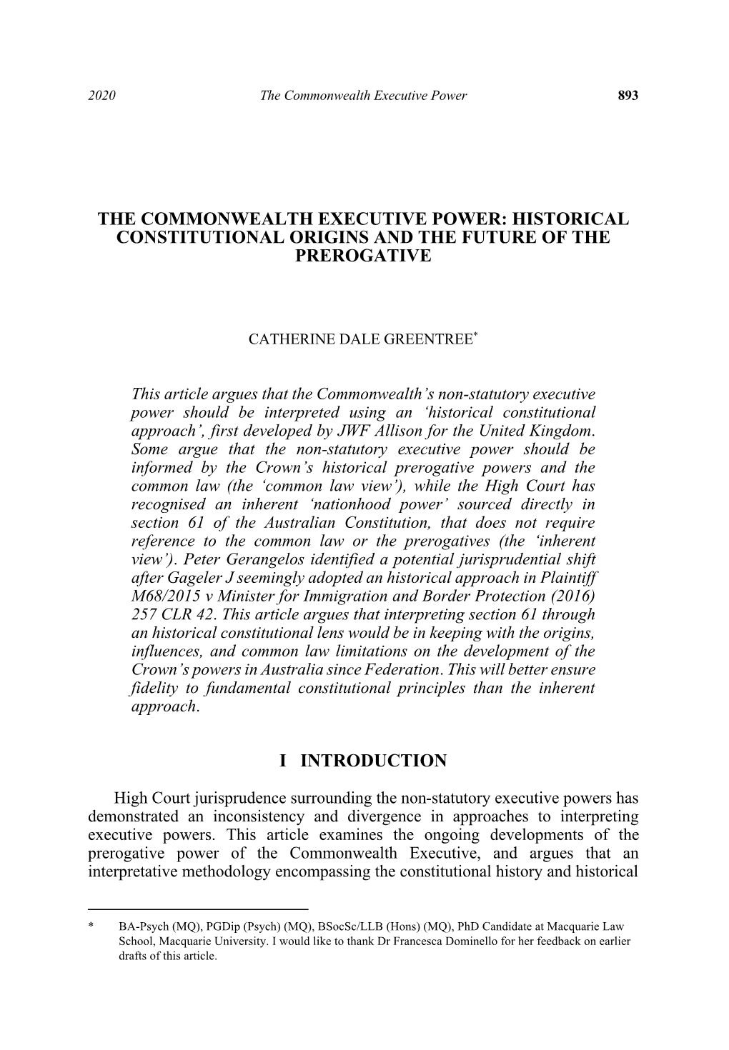 The Commonwealth Executive Power: Historical Constitutional Origins and the Future of the Prerogative