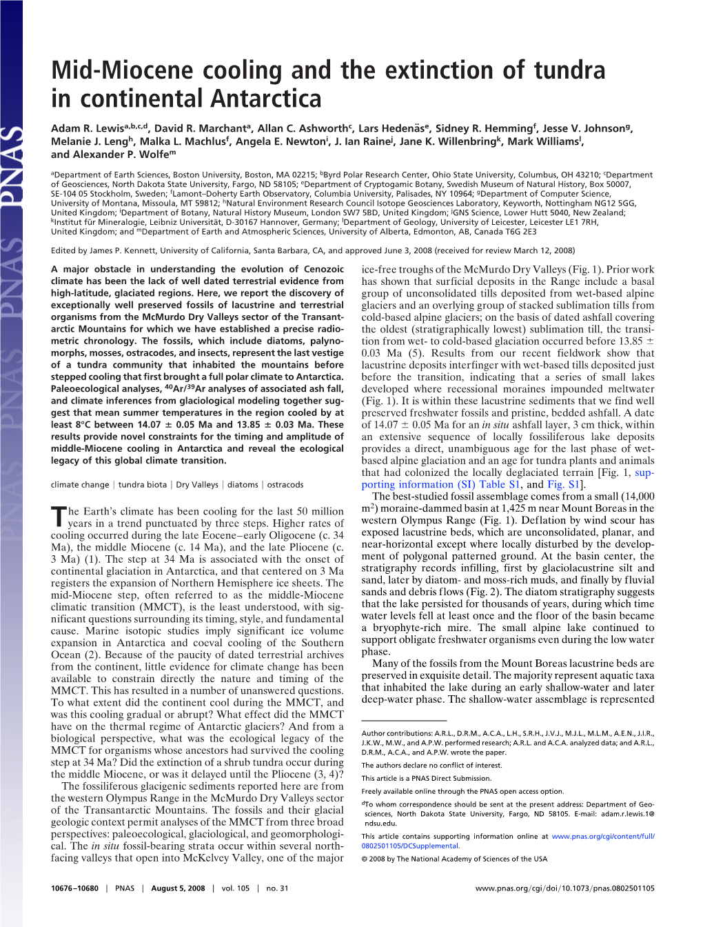 Mid-Miocene Cooling and the Extinction of Tundra in Continental Antarctica Adam R