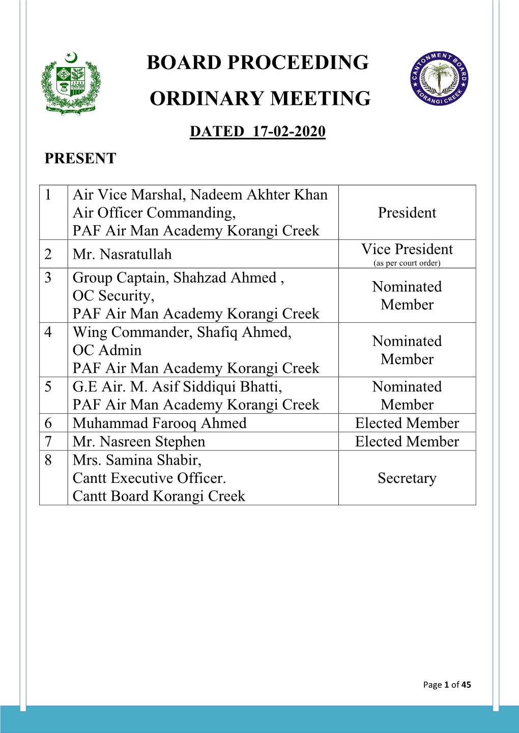 Board Proceeding Ordinary Meeting Dated 17-02-2020 Present