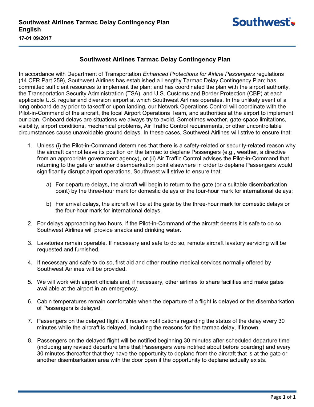 Southwest Airlines Tarmac Delay Contingency Plan English