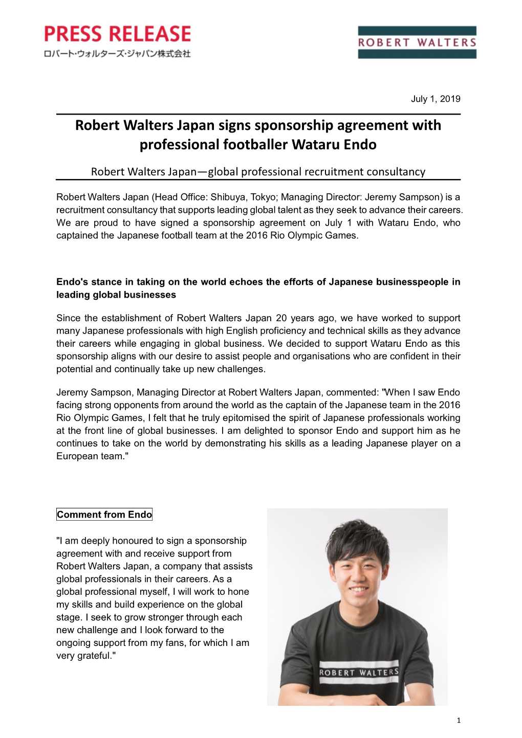 Robert Walters Japan Signs Sponsorship Agreement with Professional Footballer Wataru Endo