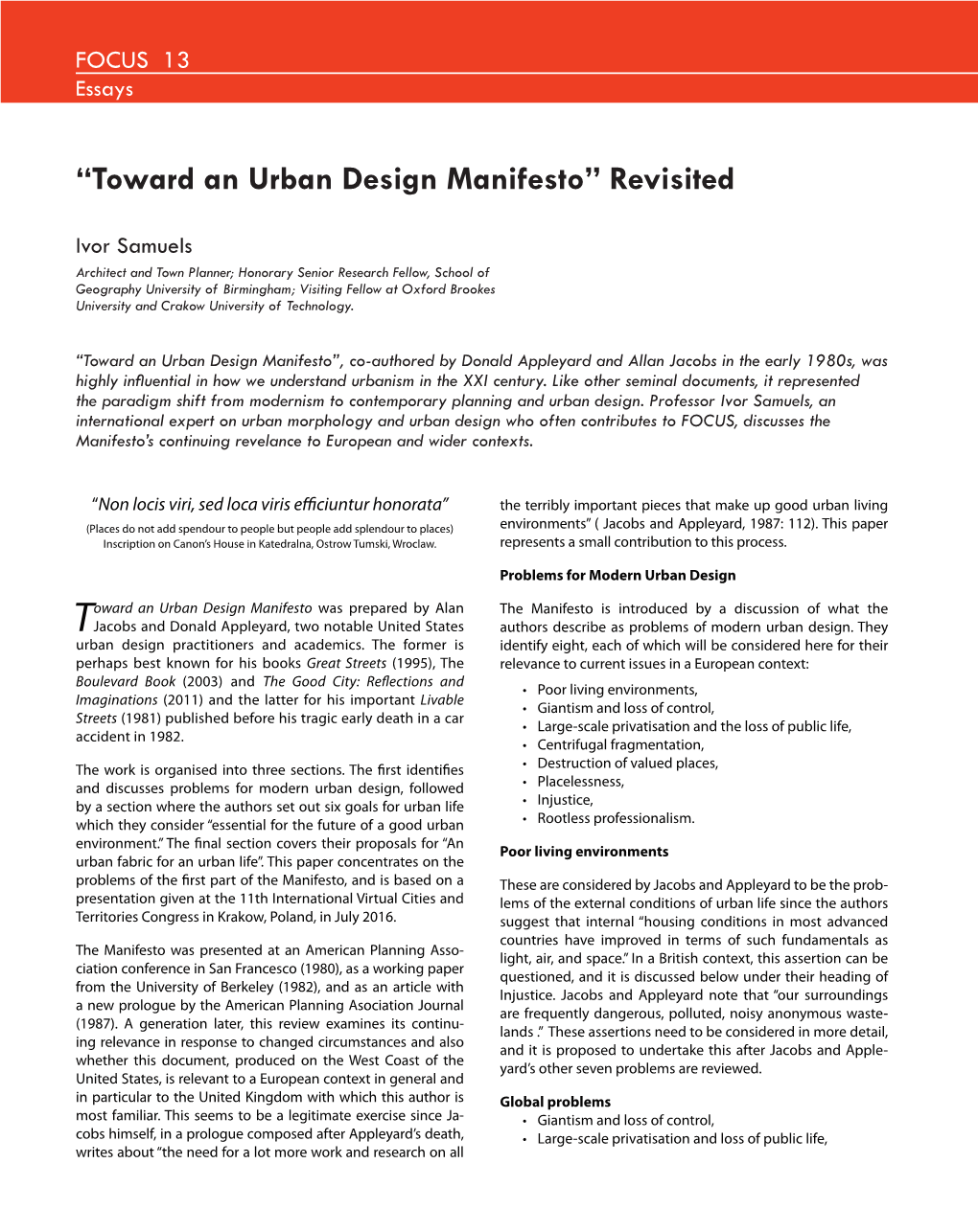 "Toward an Urban Design Manifesto" Revisited