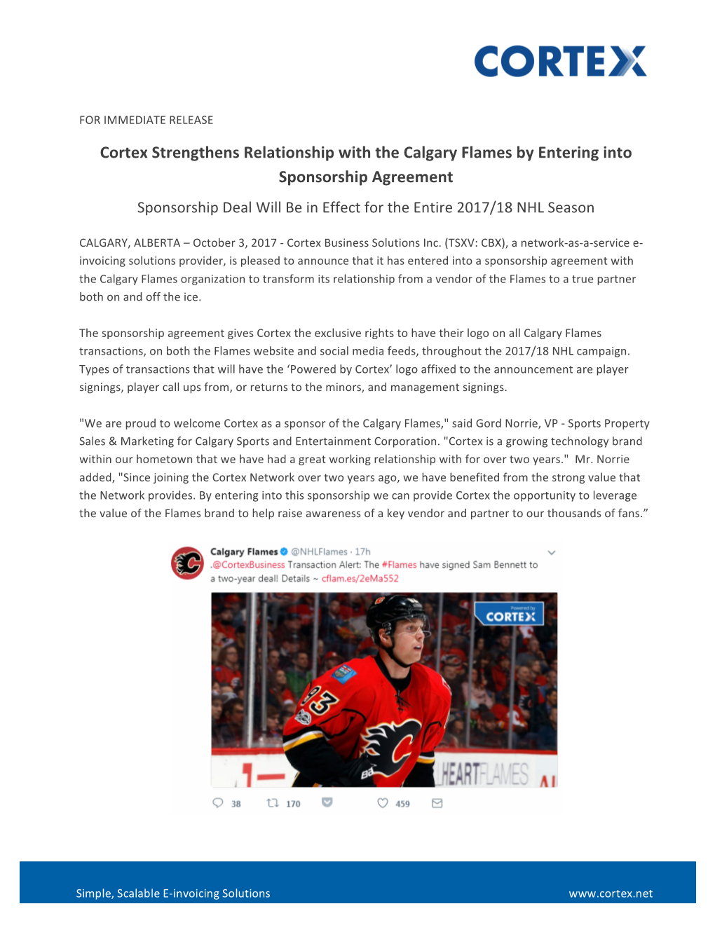 Cortex Strengthens Relationship with the Calgary Flames by Entering Into Sponsorship Agreement Sponsorship Deal Will Be in Effect for the Entire 2017/18 NHL Season