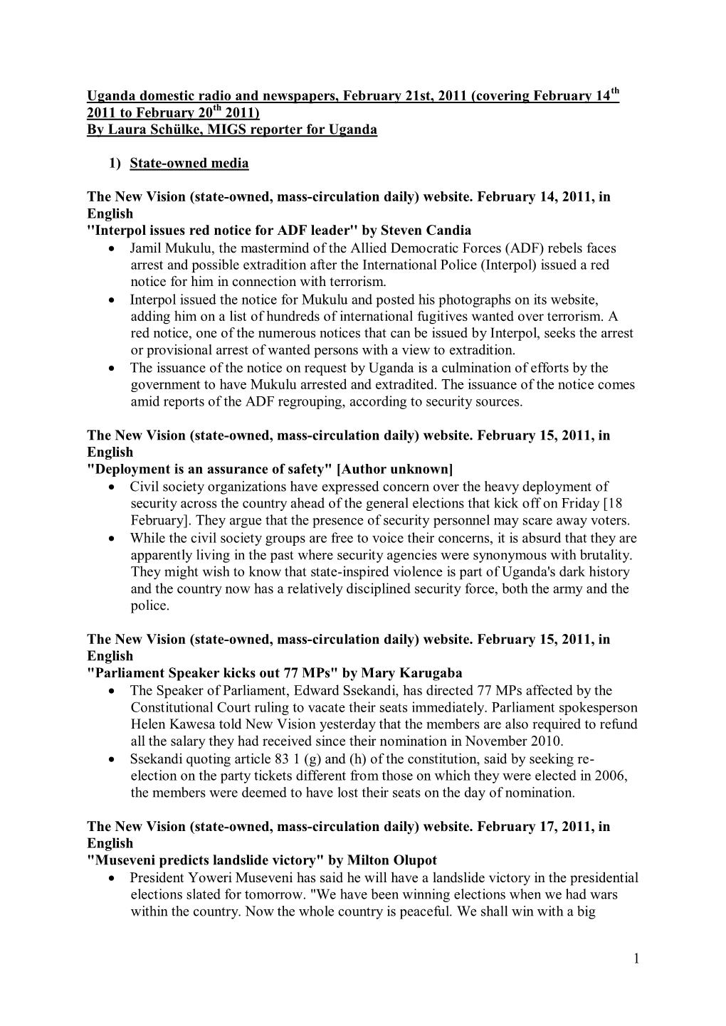 1 Uganda Domestic Radio and Newspapers, February 21St, 2011