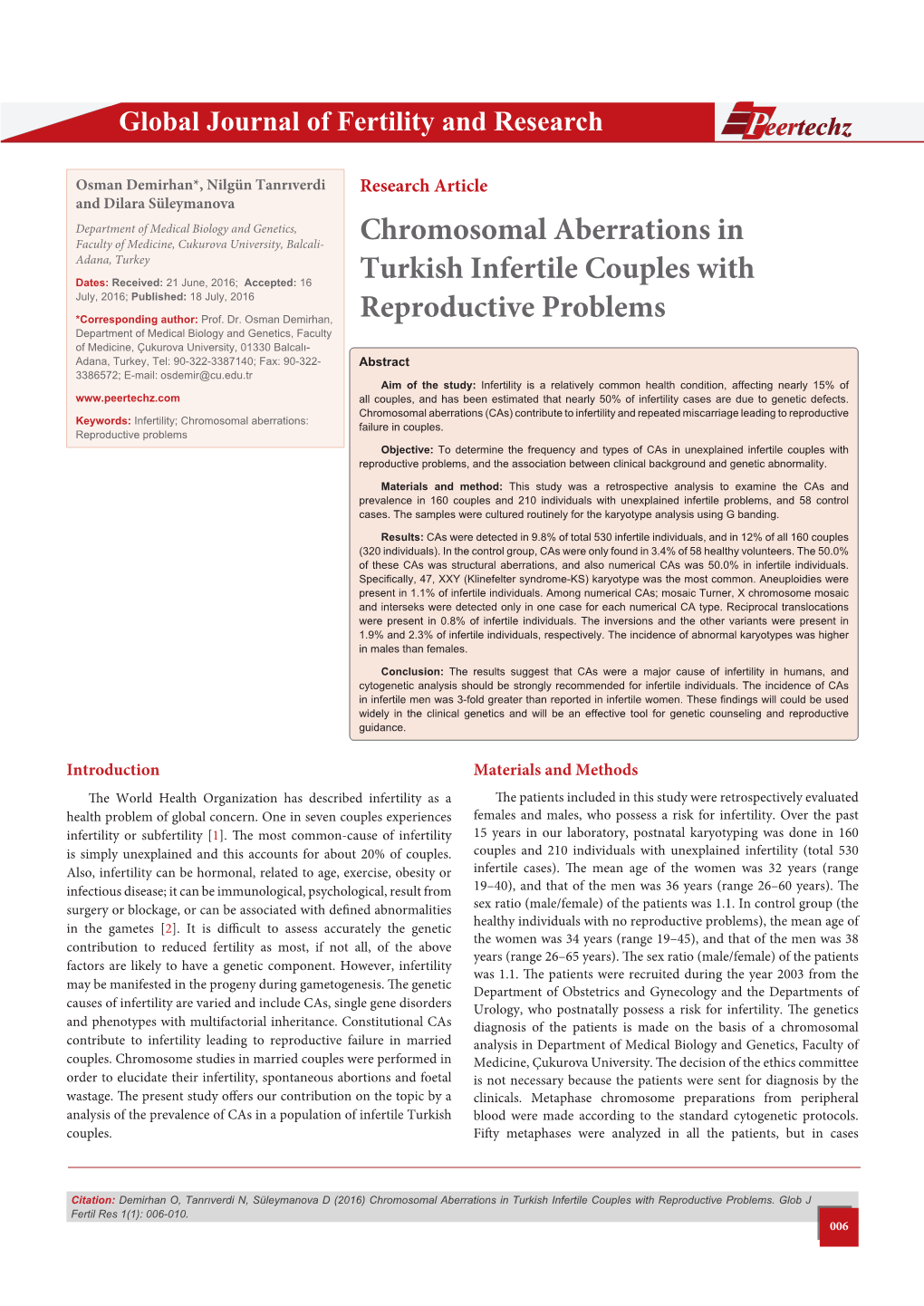 Chromosomal Aberrations in Turkish Infertile Couples with Reproductive Problems