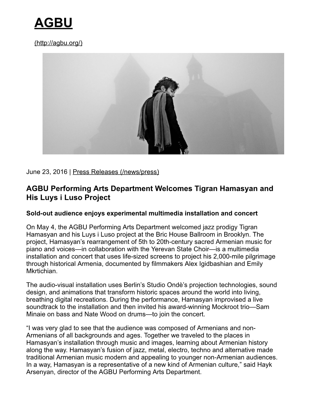 AGBU Performing Arts Department Welcomes Tigran Hamasyan and His Luys I Luso Project