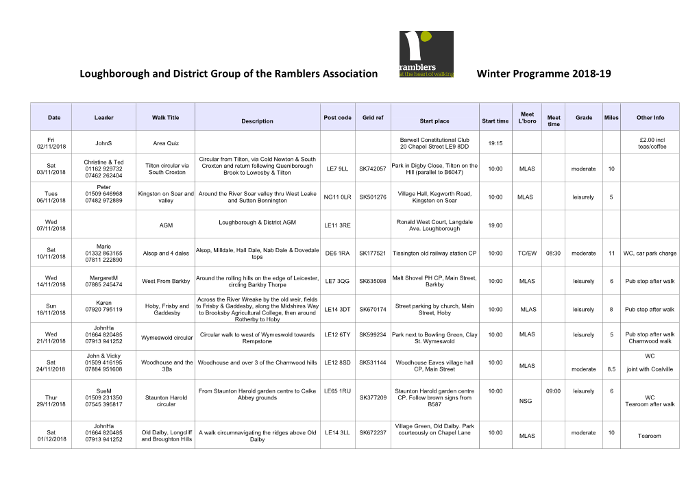 Loughborough and District Group of the Ramblers Association Winter Programme 2018-19