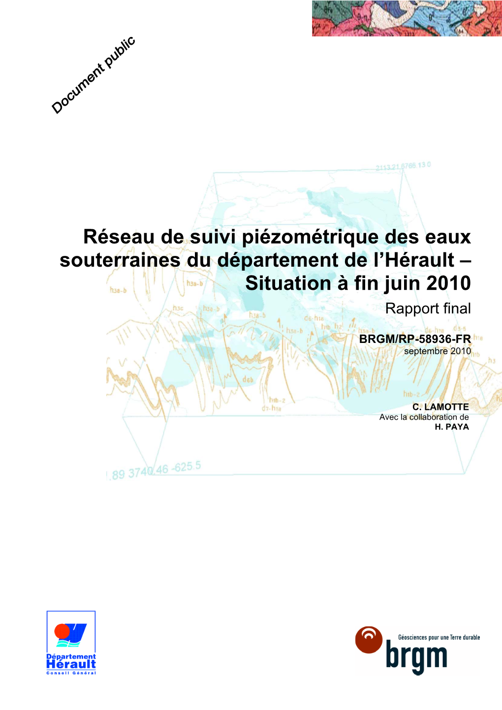 Réseau De Suivi Piézométrique Des Eaux Souterraines Du Département De L’Hérault – Situation À Fin Juin 2010 Rapport Final