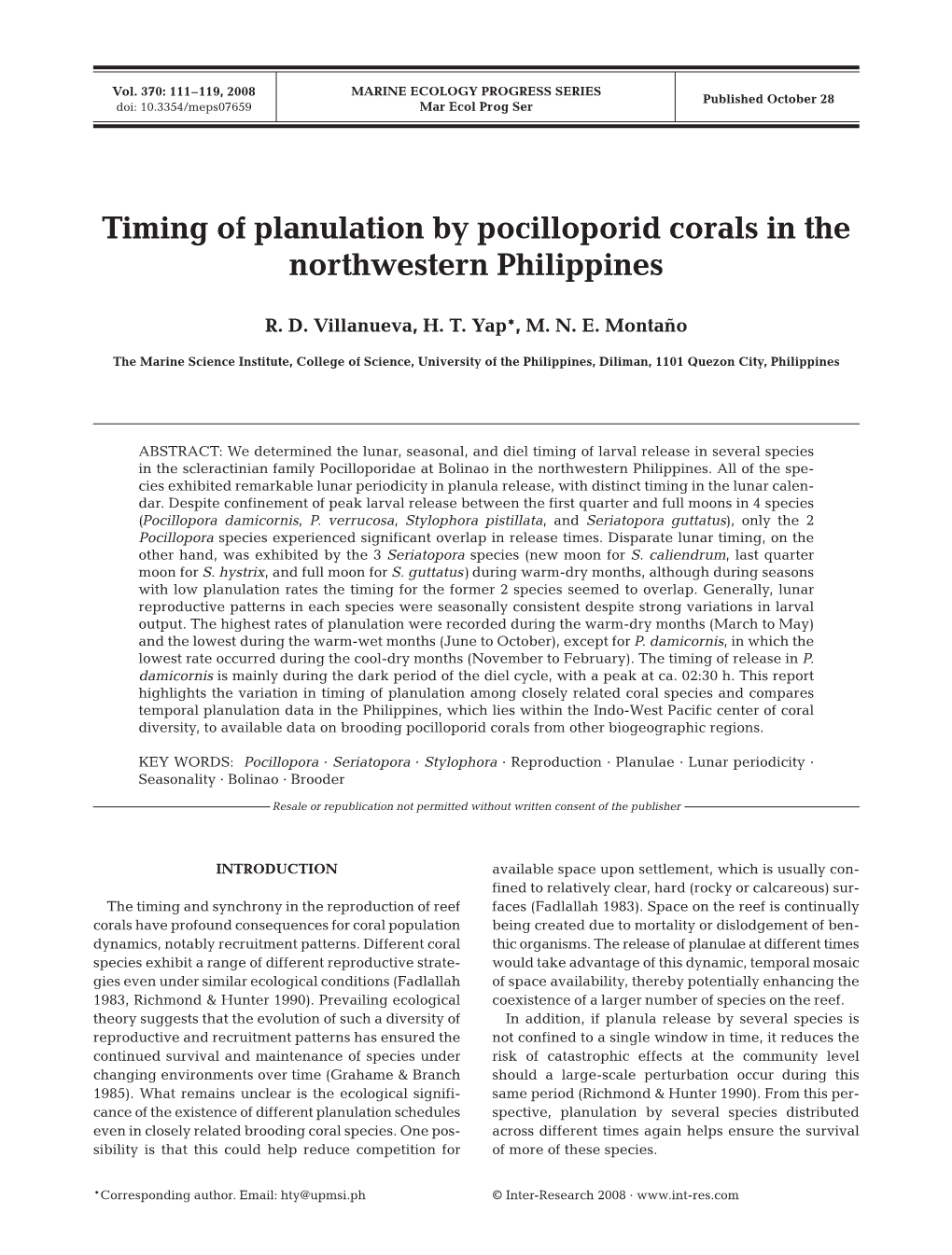 Timing of Planulation by Pocilloporid Corals in the Northwestern Philippines