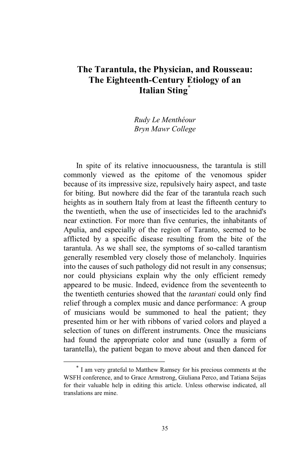 The Tarantula, the Physician, and Rousseau: the Eighteenth-Century Etiology of an Italian Sting*