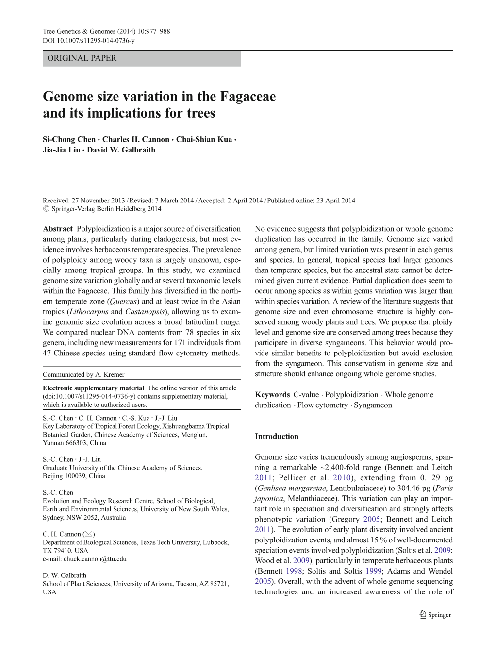 Genome Size Variation in the Fagaceae and Its Implications for Trees