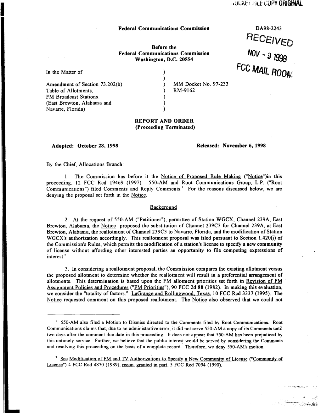 RE:Ccived Before Tbe Federal Communications Commission Wasbington, D.C
