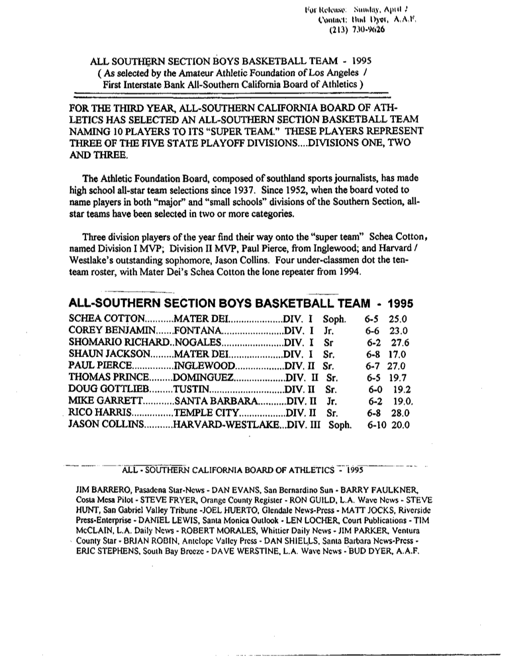 All-Southern Section Boys Basketball Team - 1995 Schea Cotton Mater Dei Div