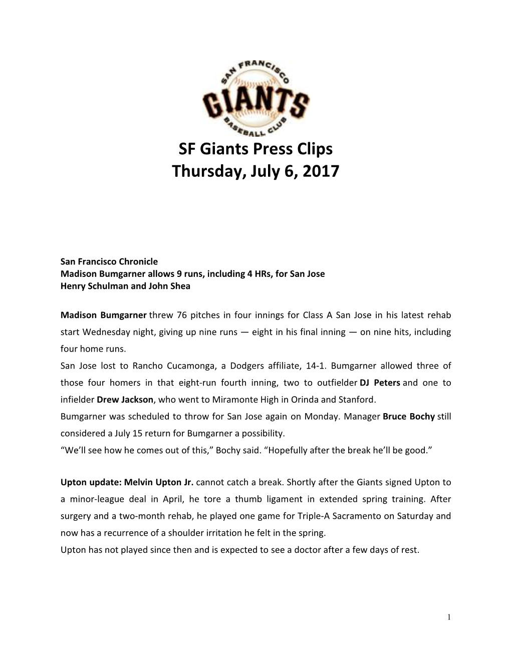 SF Giants Press Clips Thursday, July 6, 2017