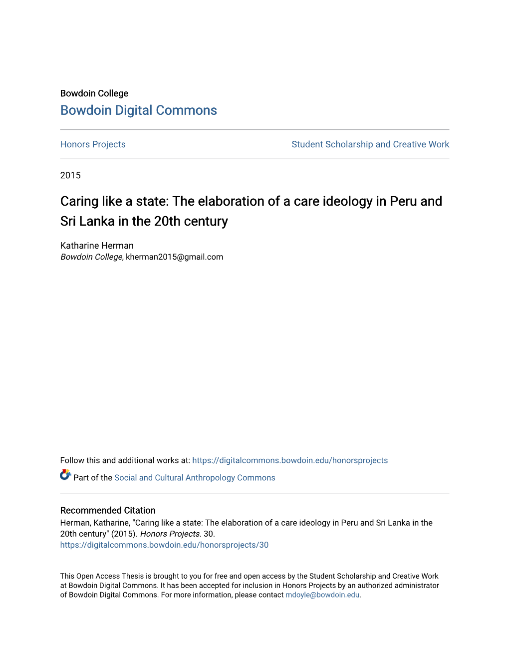 Caring Like a State: the Elaboration of a Care Ideology in Peru and Sri Lanka in the 20Th Century