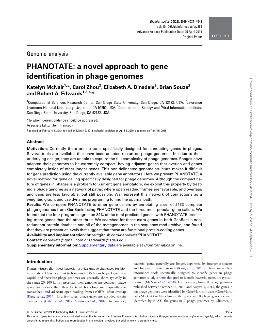 PHANOTATE: a Novel Approach to Gene Identification in Phage Genomes 4539