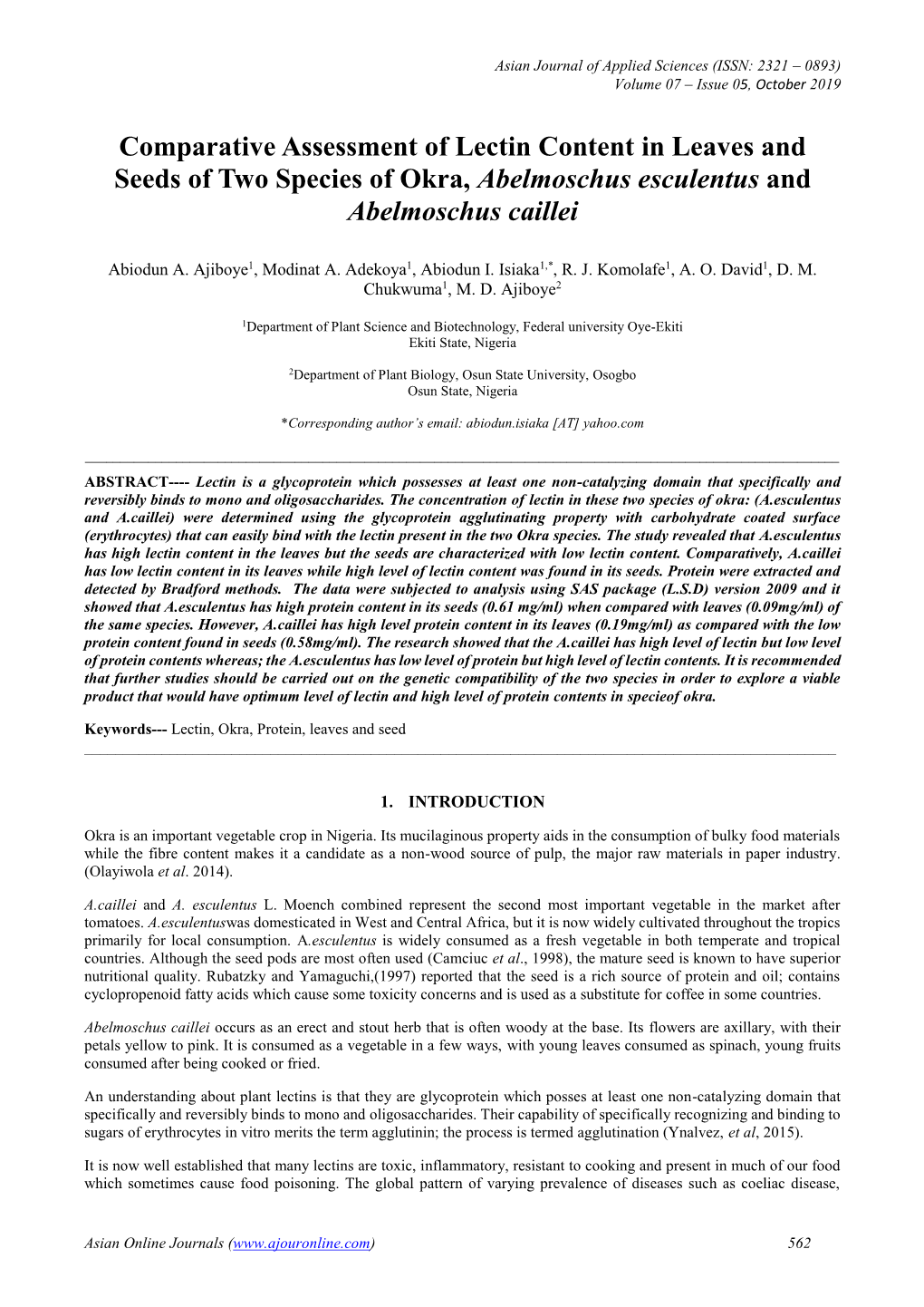 Comparative Assessment of Lectin Content in Leaves and Seeds of Two Species of Okra, Abelmoschus Esculentus and Abelmoschus Caillei