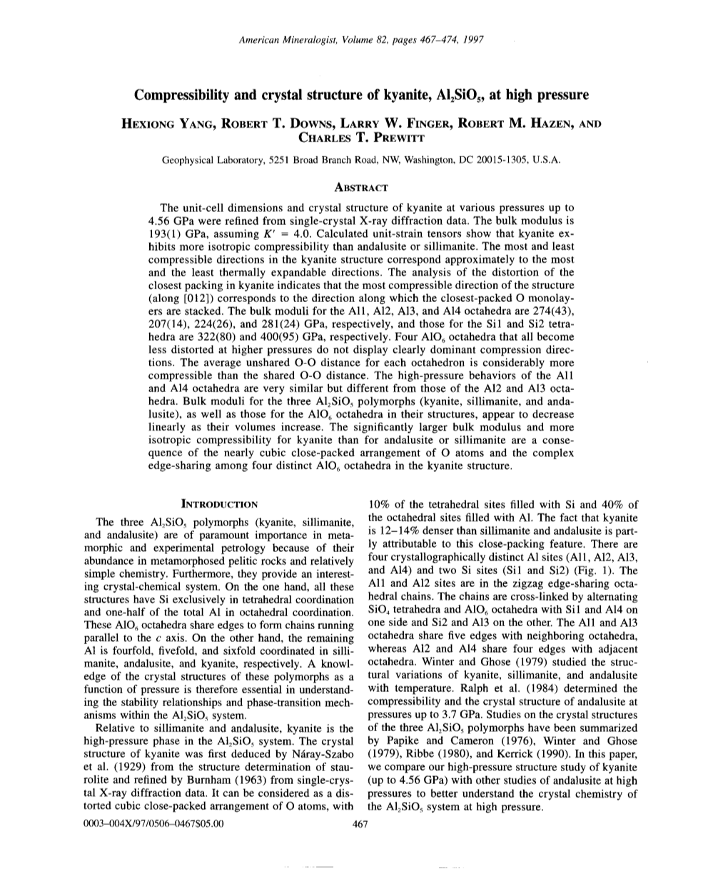 Compressibility and Crystal Structure of Kyanite, Ai2sios,At High Pressure