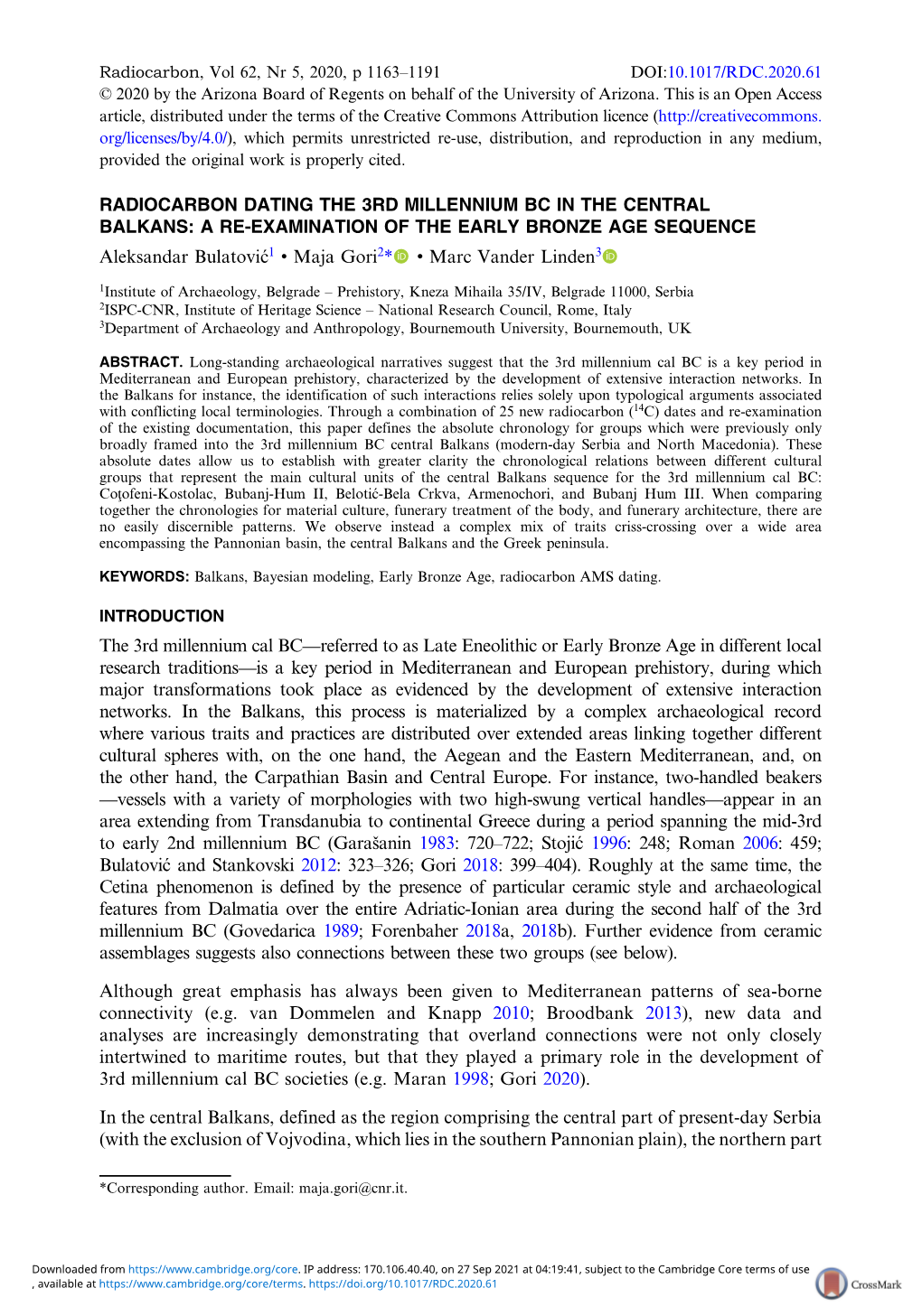 Radiocarbon Dating the 3Rd Millennium BC in the Central Balkans: a Re-Examination of the Early Bronze Age Sequence