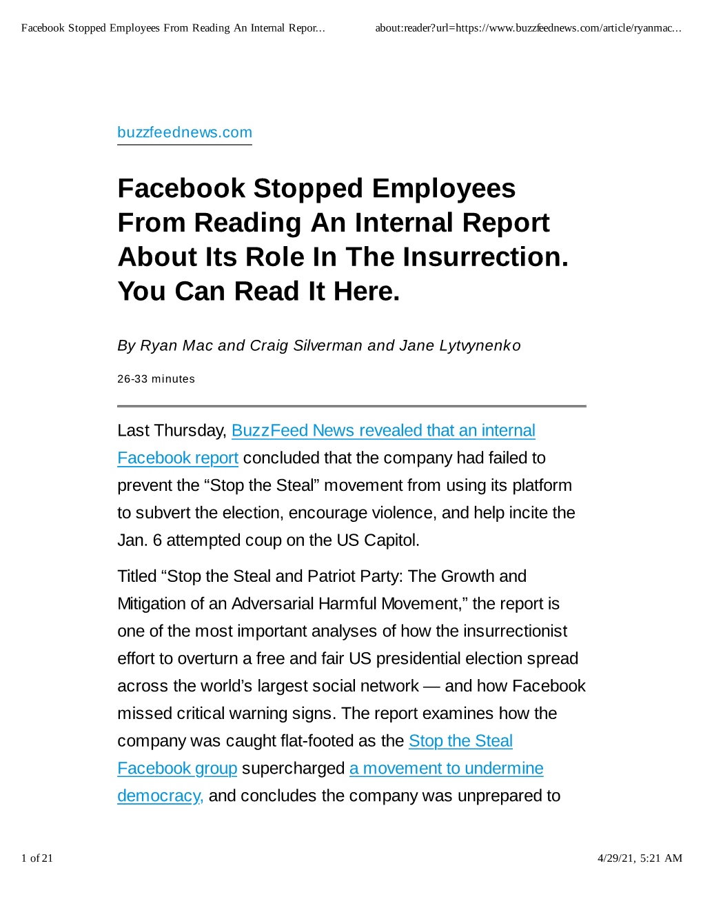 Facebook Stopped Employees from Reading an Internal Report About Its Role in the Insurrection
