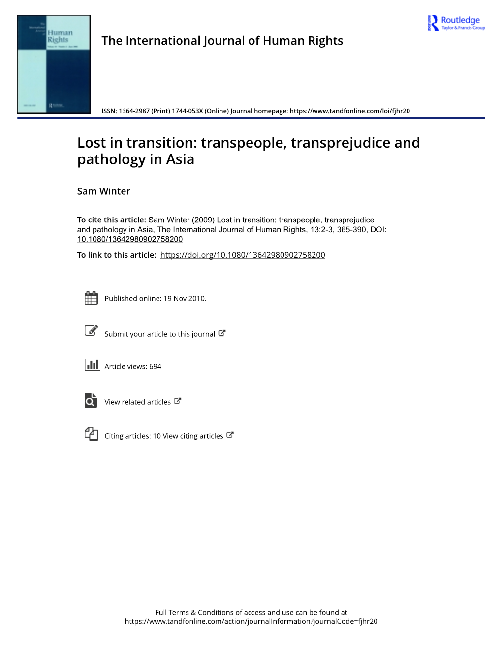 Transpeople, Transprejudice and Pathology in Asia