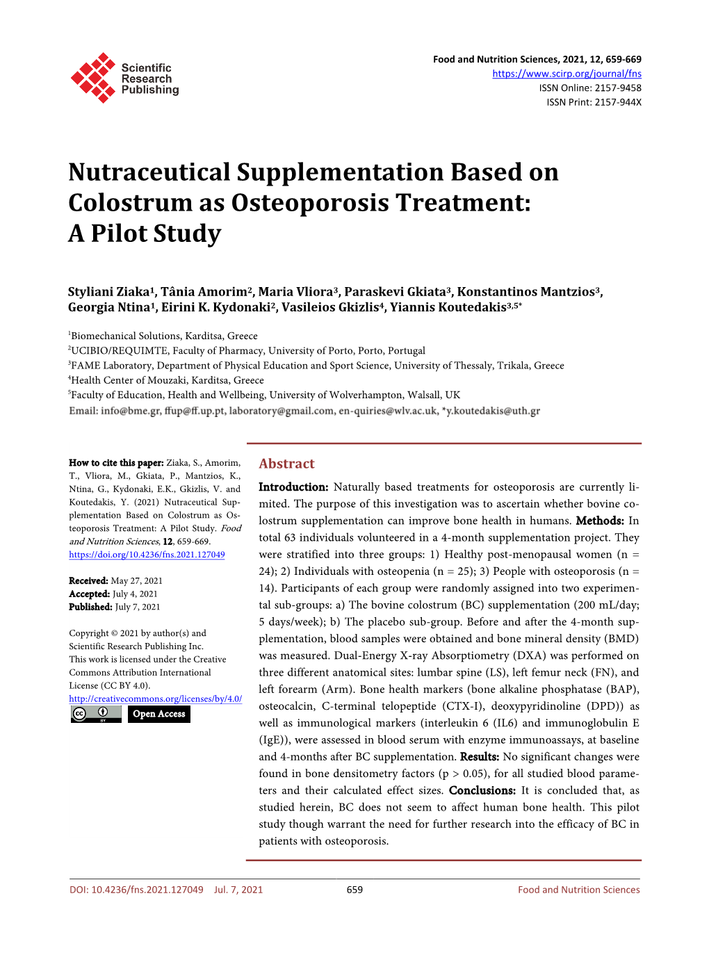 Nutraceutical Supplementation Based on Colostrum As Osteoporosis Treatment: a Pilot Study