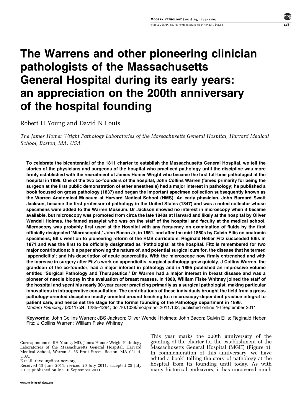 The Warrens and Other Pioneering Clinician Pathologists of The