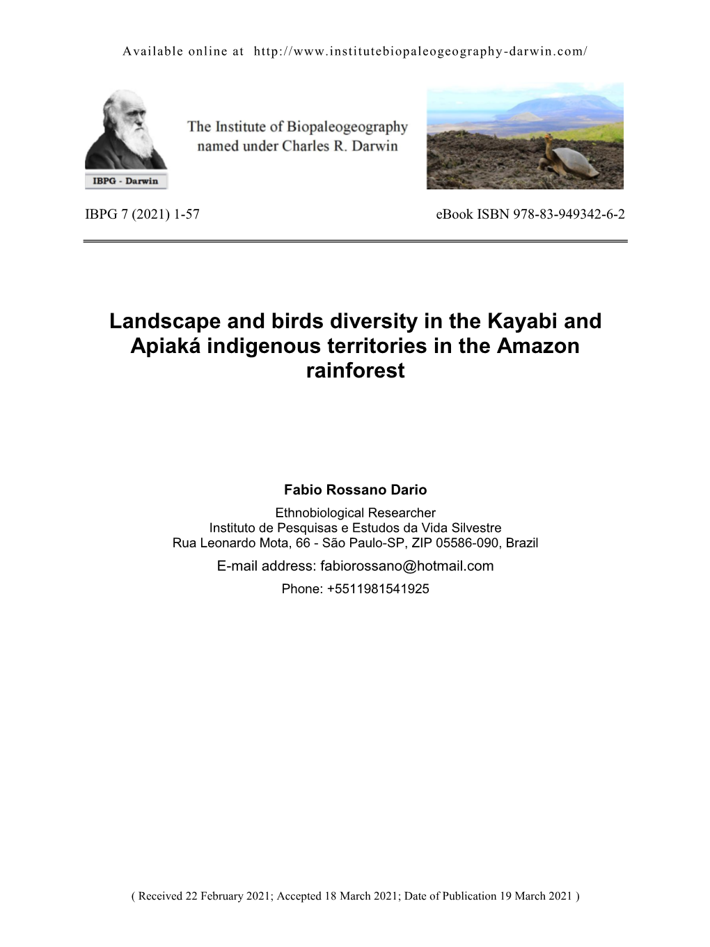 Landscape and Birds Diversity in the Kayabi and Apiaká Indigenous Territories in the Amazon Rainforest