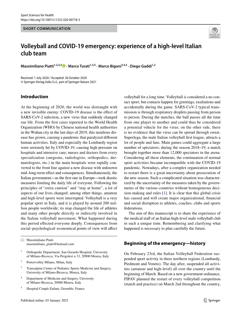 Volleyball and COVID-19 Emergency: Experience of a High-Level Italian