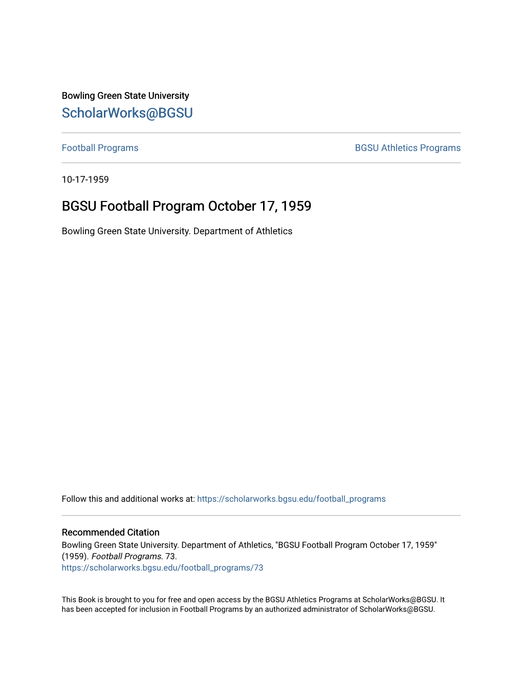 BGSU Football Program October 17, 1959