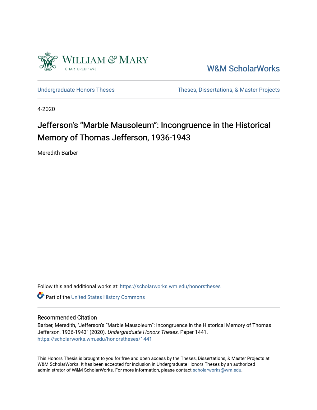 Incongruence in the Historical Memory of Thomas Jefferson, 1936-1943