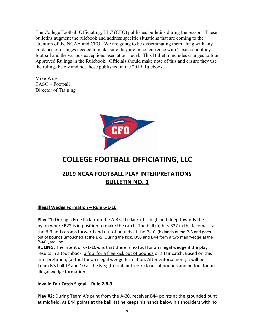 College Football Officiating, LLC (CFO) Publishes Bulletins During the Season