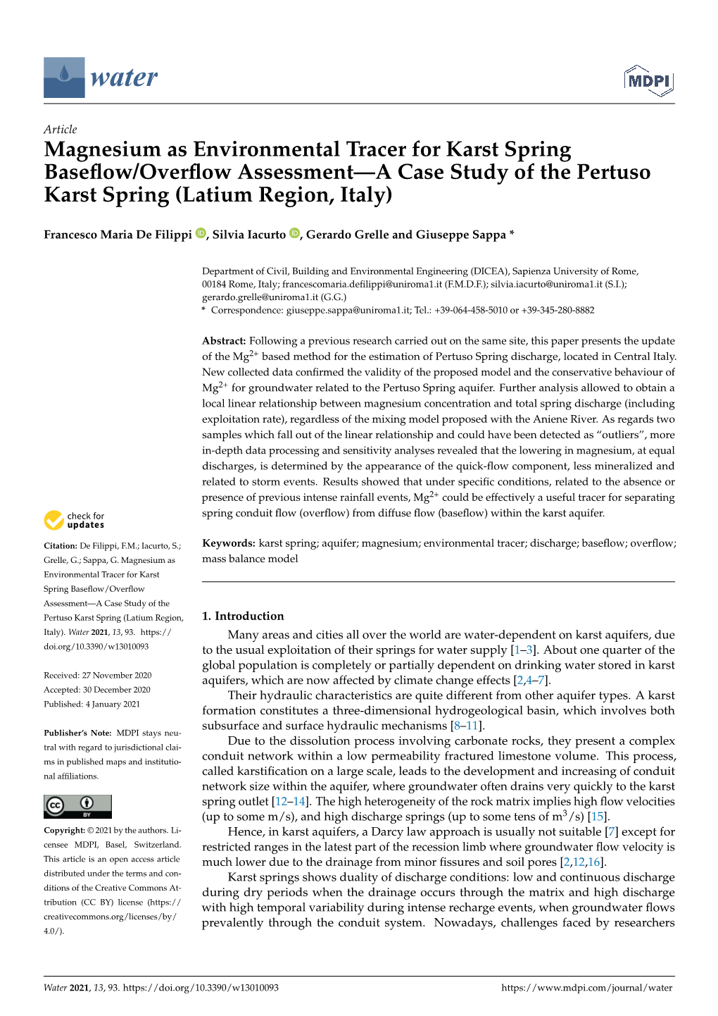 Magnesium As Environmental Tracer for Karst Spring Baseflow/Overflow Assessment—A Case Study of the Pertuso Karst Spring