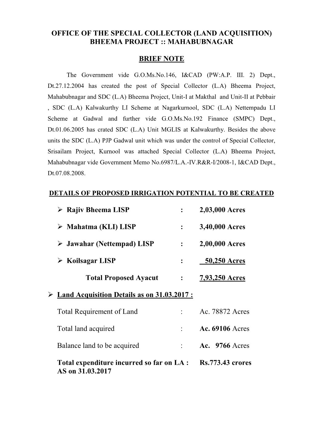 Office of the Special Collector (Land Acquisition) Bheema Project :: Mahabubnagar