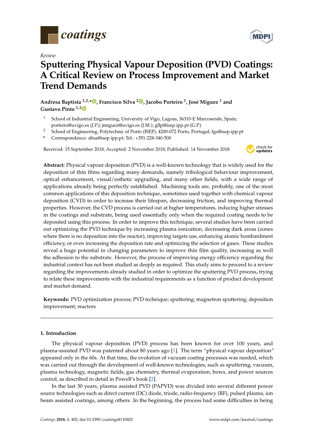 Sputtering Physical Vapour Deposition (PVD) Coatings: a Critical Review on Process Improvement and Market Trend Demands