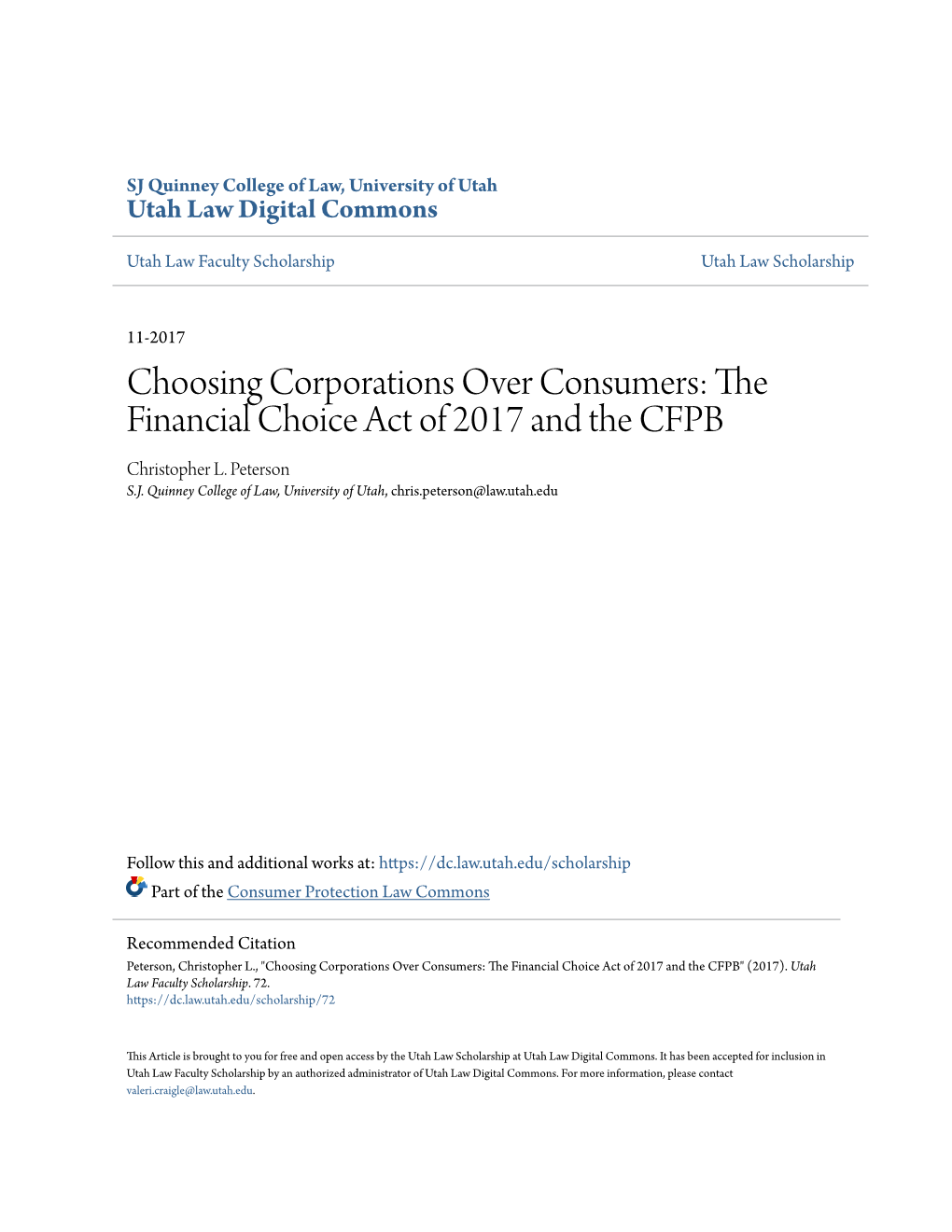 The Financial Choice Act of 2017 and the CFPB Christopher L