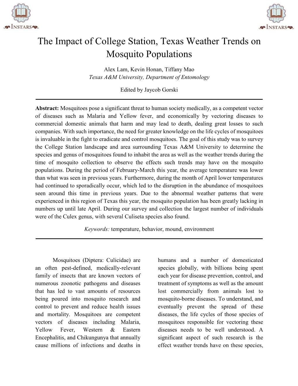The Impact of College Station, Texas Weather Trends on Mosquito Populations