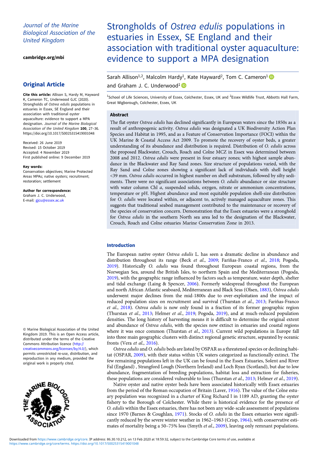 Strongholds of Ostrea Edulis Populations in Estuaries in Essex, SE England and Their Association with Traditional Oyster Aquacul