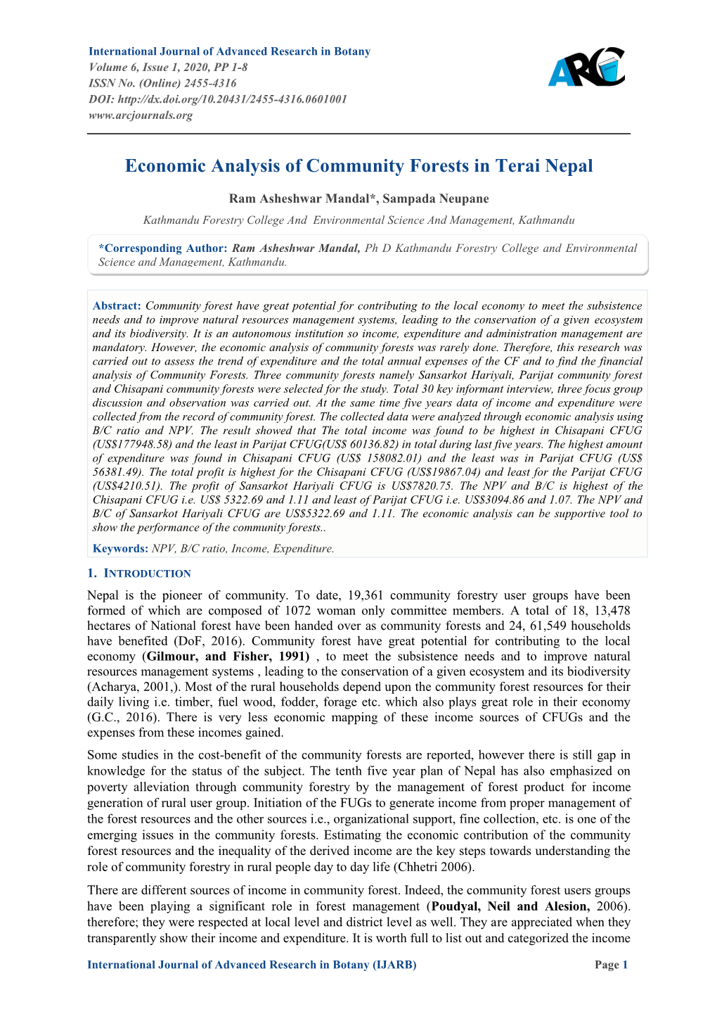 Economic Analysis of Community Forests in Terai Nepal