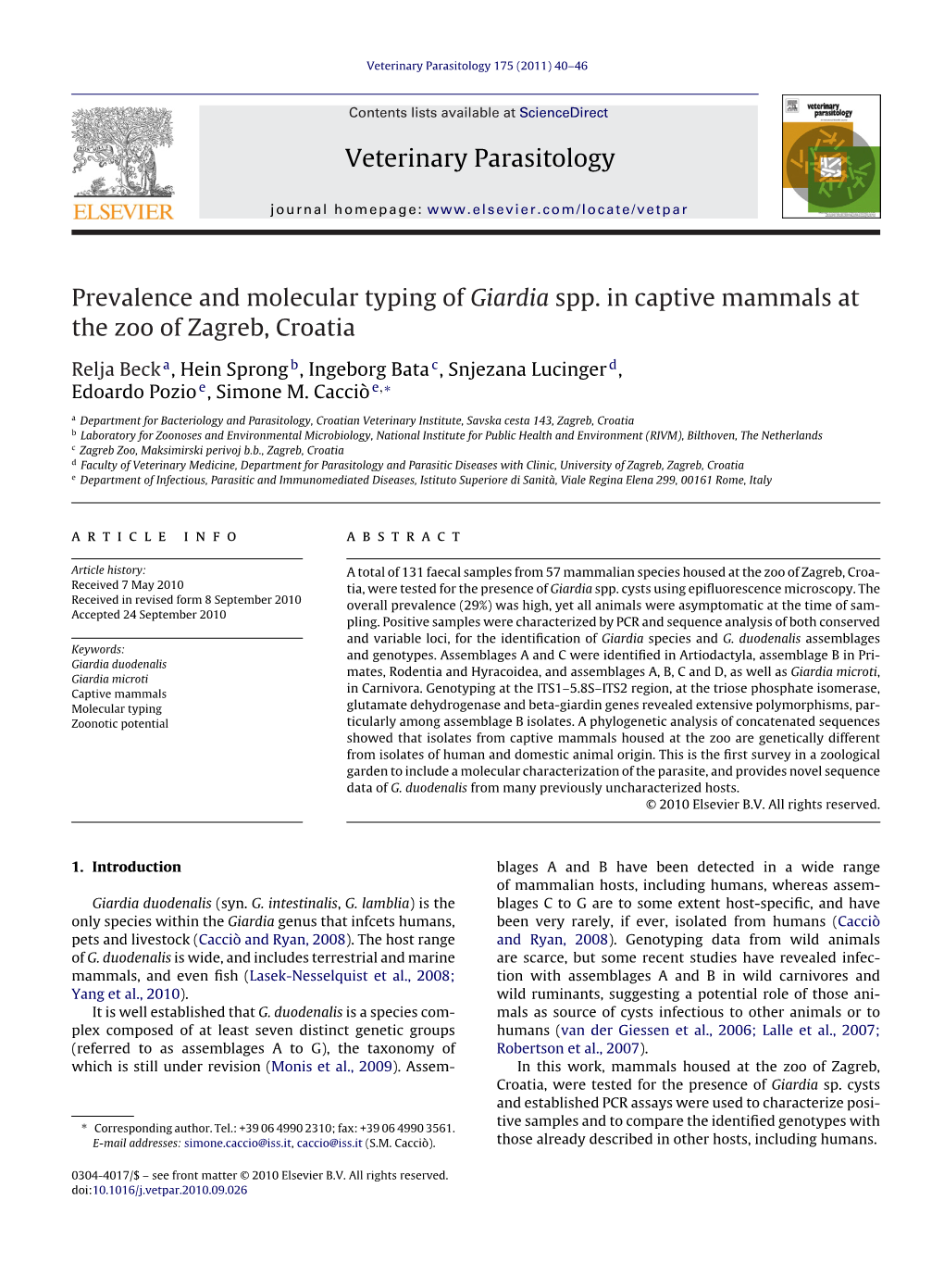Prevalence and Molecular Typing of Giardia Spp. in Captive Mammals at the Zoo of Zagreb, Croatia