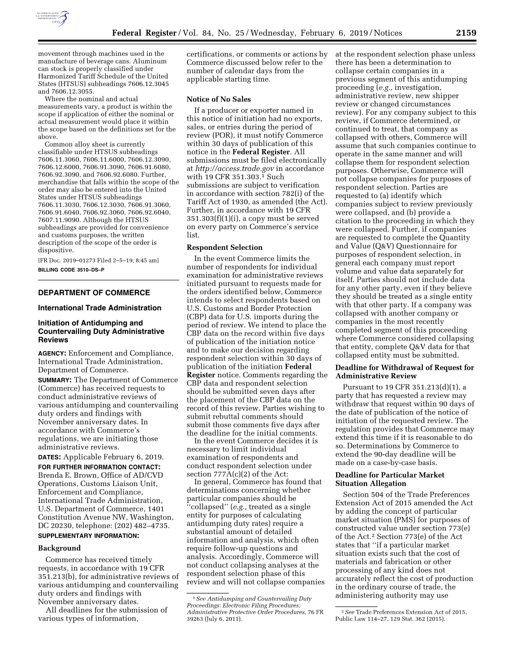 Federal Register/Vol. 84, No. 25/Wednesday, February 6, 2019