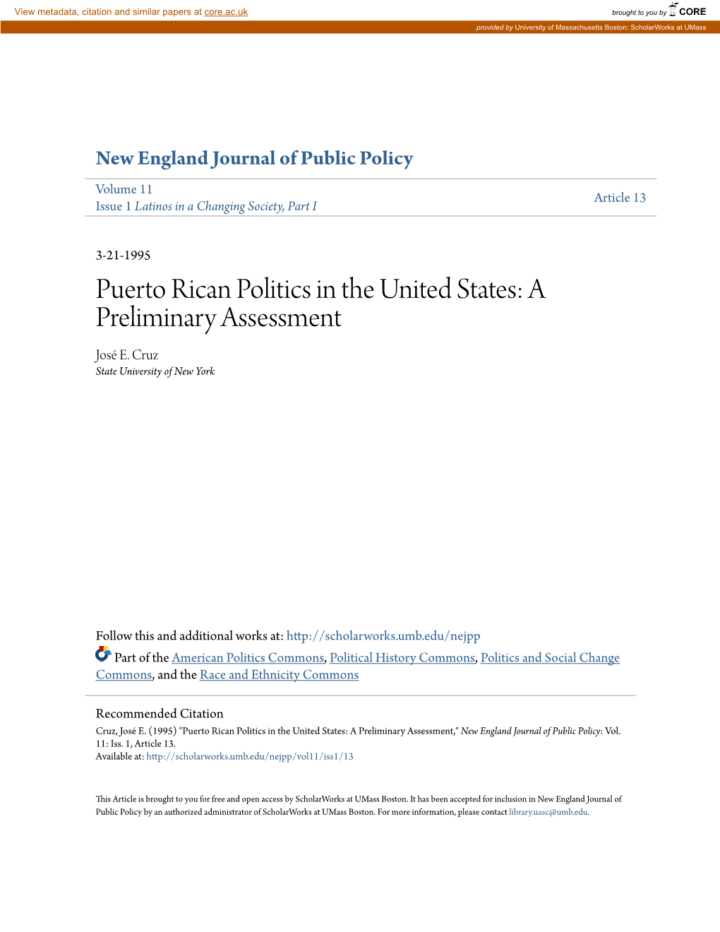 Puerto Rican Politics in the United States: a Preliminary Assessment José E