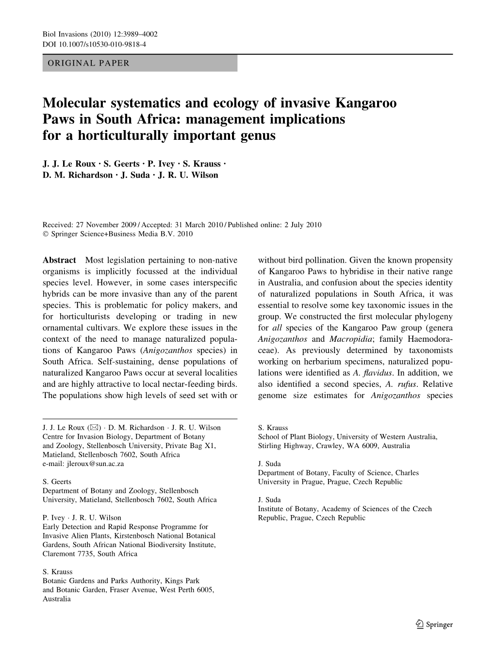 Molecular Systematics and Ecology of Invasive Kangaroo Paws in South Africa: Management Implications for a Horticulturally Important Genus