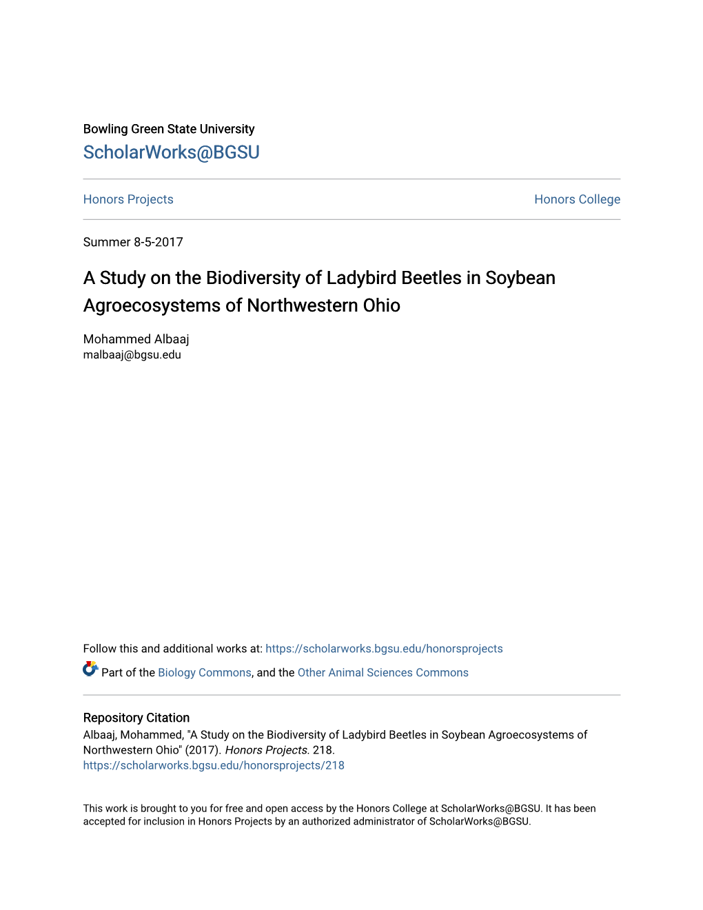 A Study on the Biodiversity of Ladybird Beetles in Soybean Agroecosystems of Northwestern Ohio