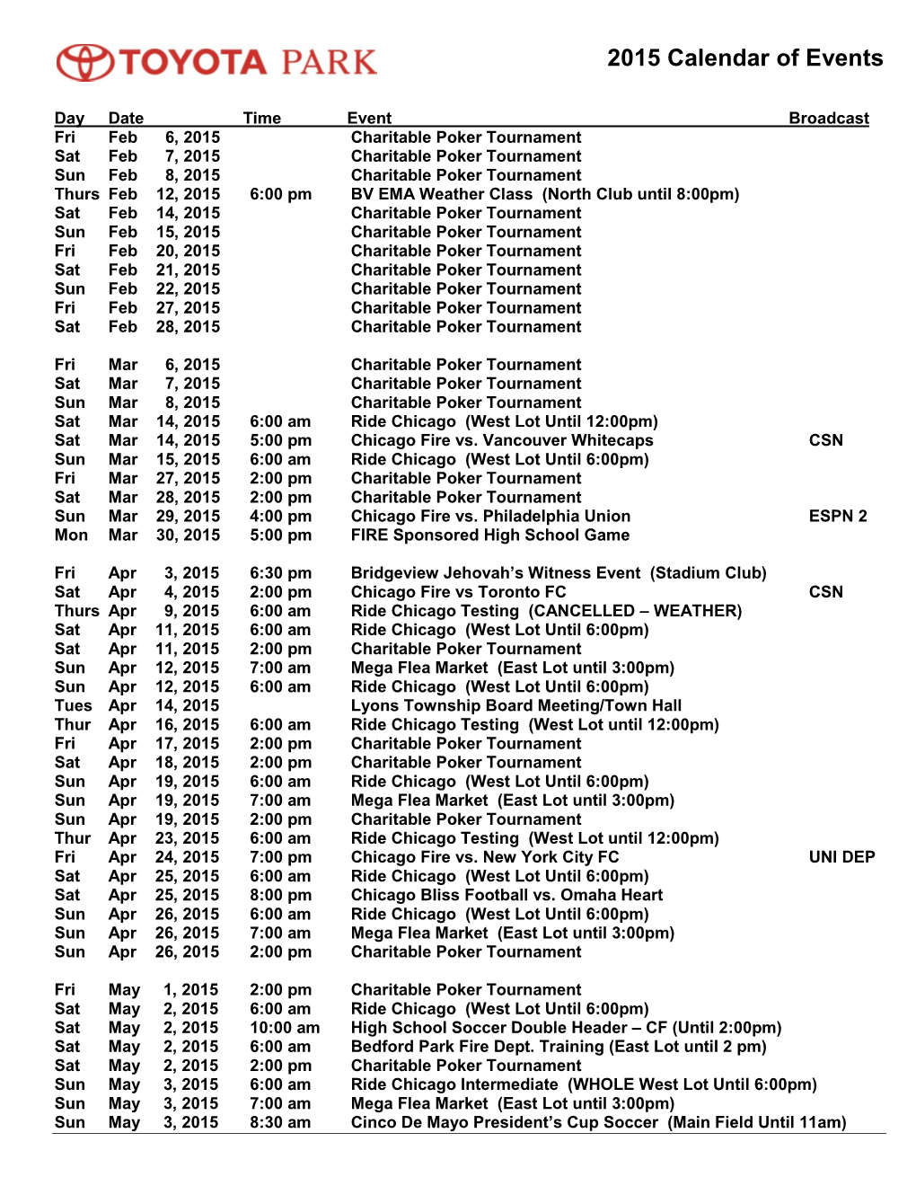 2015 Calendar of Events