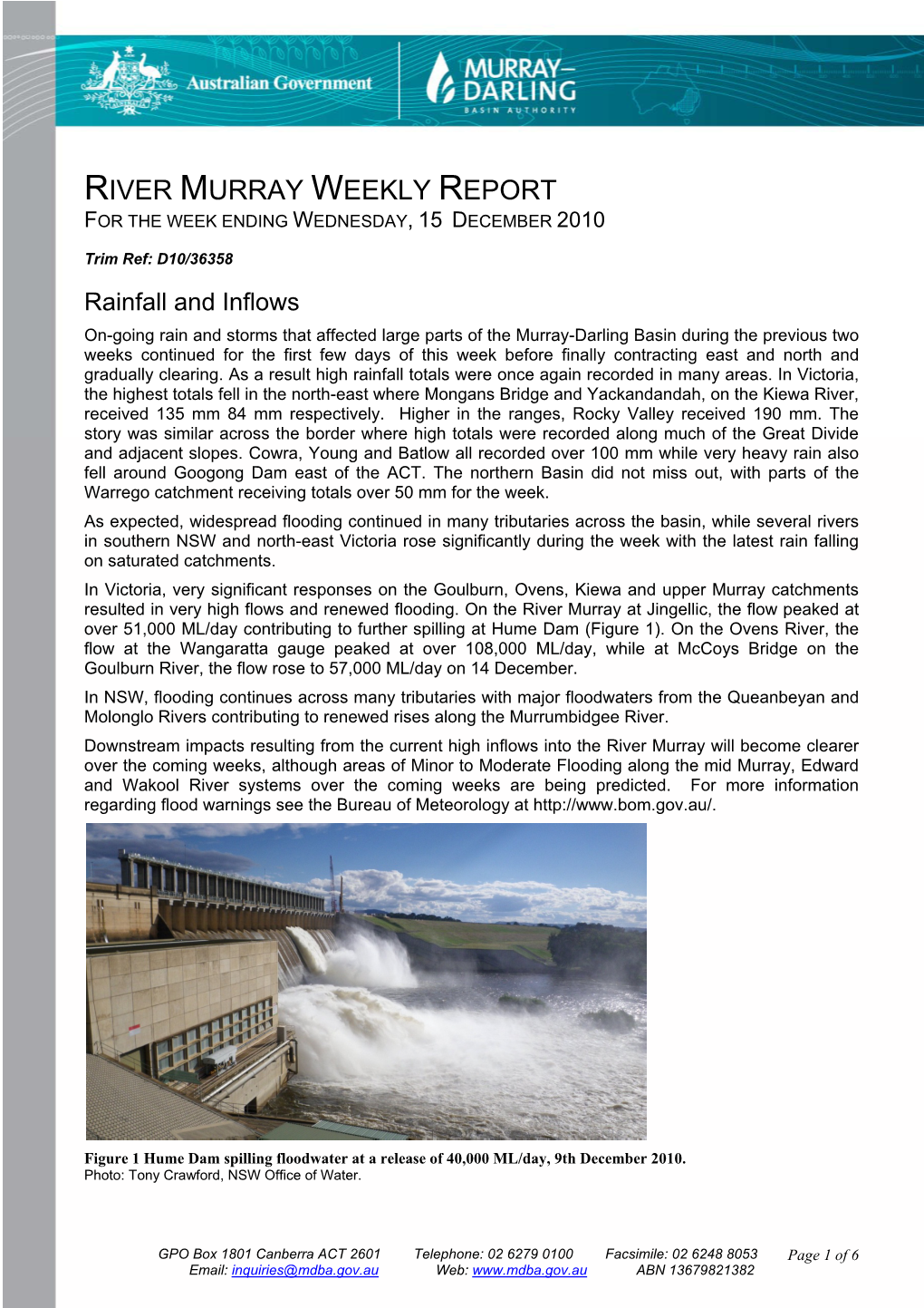 River Murray Weekly Report for the Week Ending Wednesday, 15 December 2010