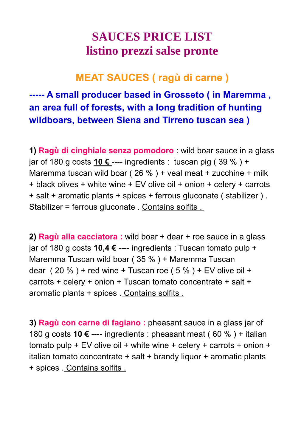 SAUCES PRICE LIST Listino Prezzi Salse Pronte