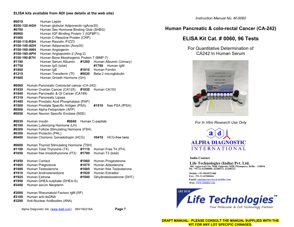 ELISA Kit Cat. # 0060, 96 Tests #100-110-RSH Human Resistin /FIZZ3