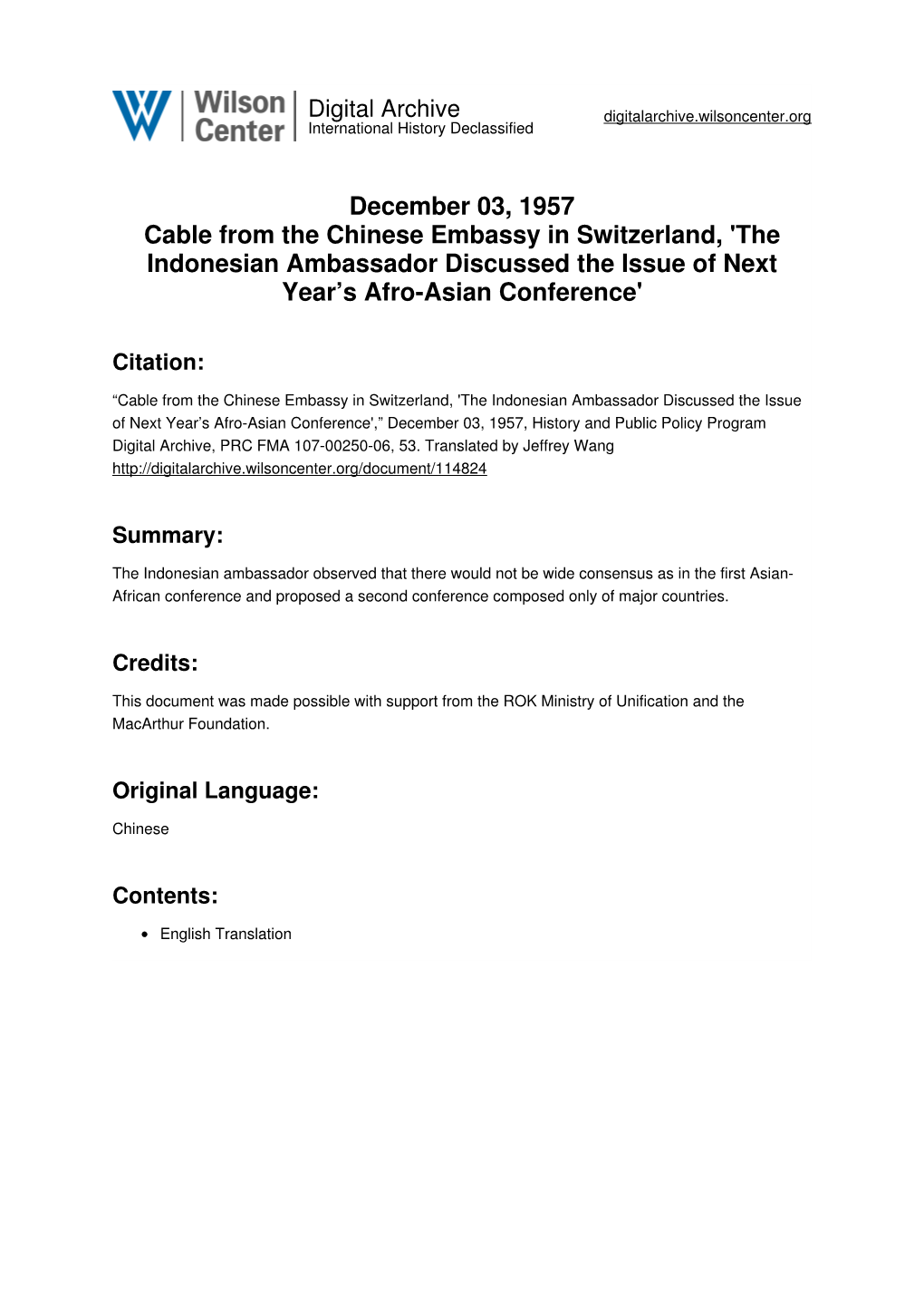 December 03, 1957 Cable from the Chinese Embassy in Switzerland, 'The Indonesian Ambassador Discussed the Issue of Next Year’S Afro-Asian Conference'