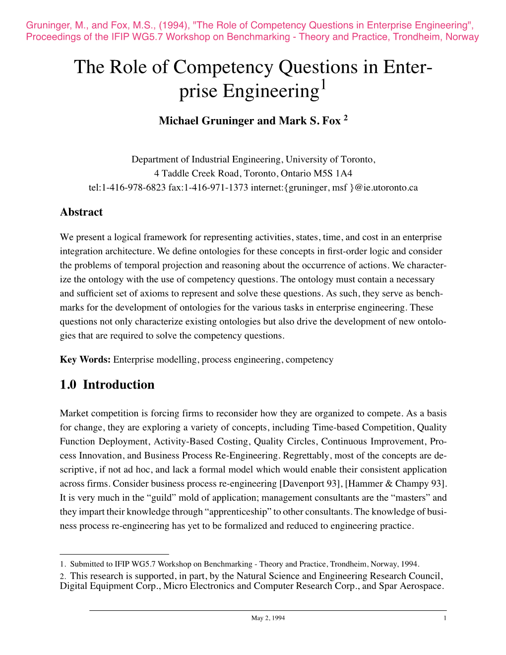 The Role of Competency Questions in Enter- Prise Engineering1